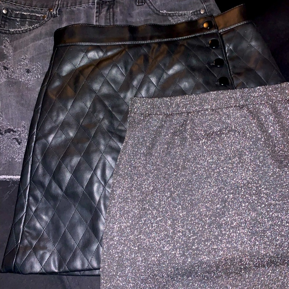 3 for $15 skirt set! Night out, silver, black denim, faux leather, Size M, S